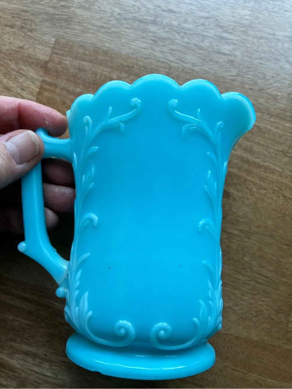 Vintage Blue Milk Glass Cream Pitcher 5” x4.5”